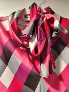 NWOT Nine West Hot Pink Plaid Tie-Neck Blouse